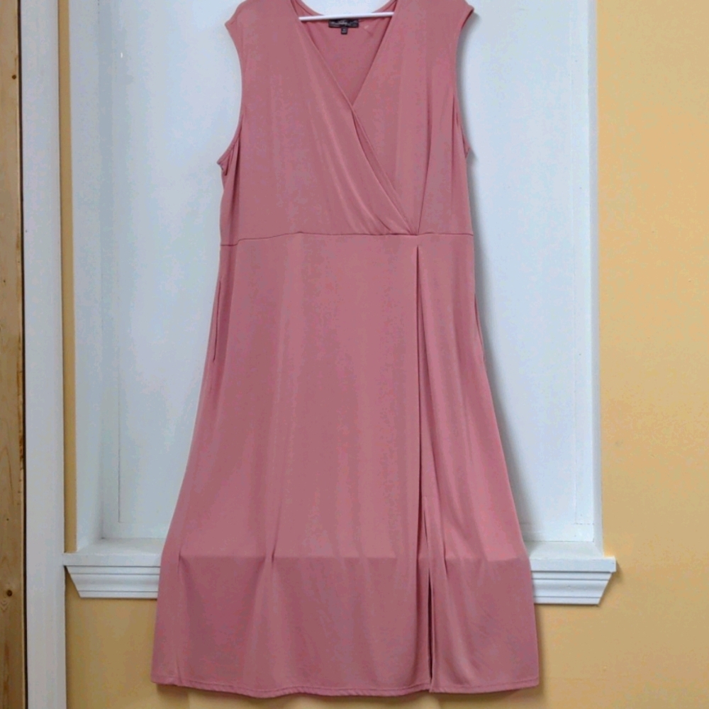 Pink faux wrap midi dress L 1X 2x 3x plus stretchy